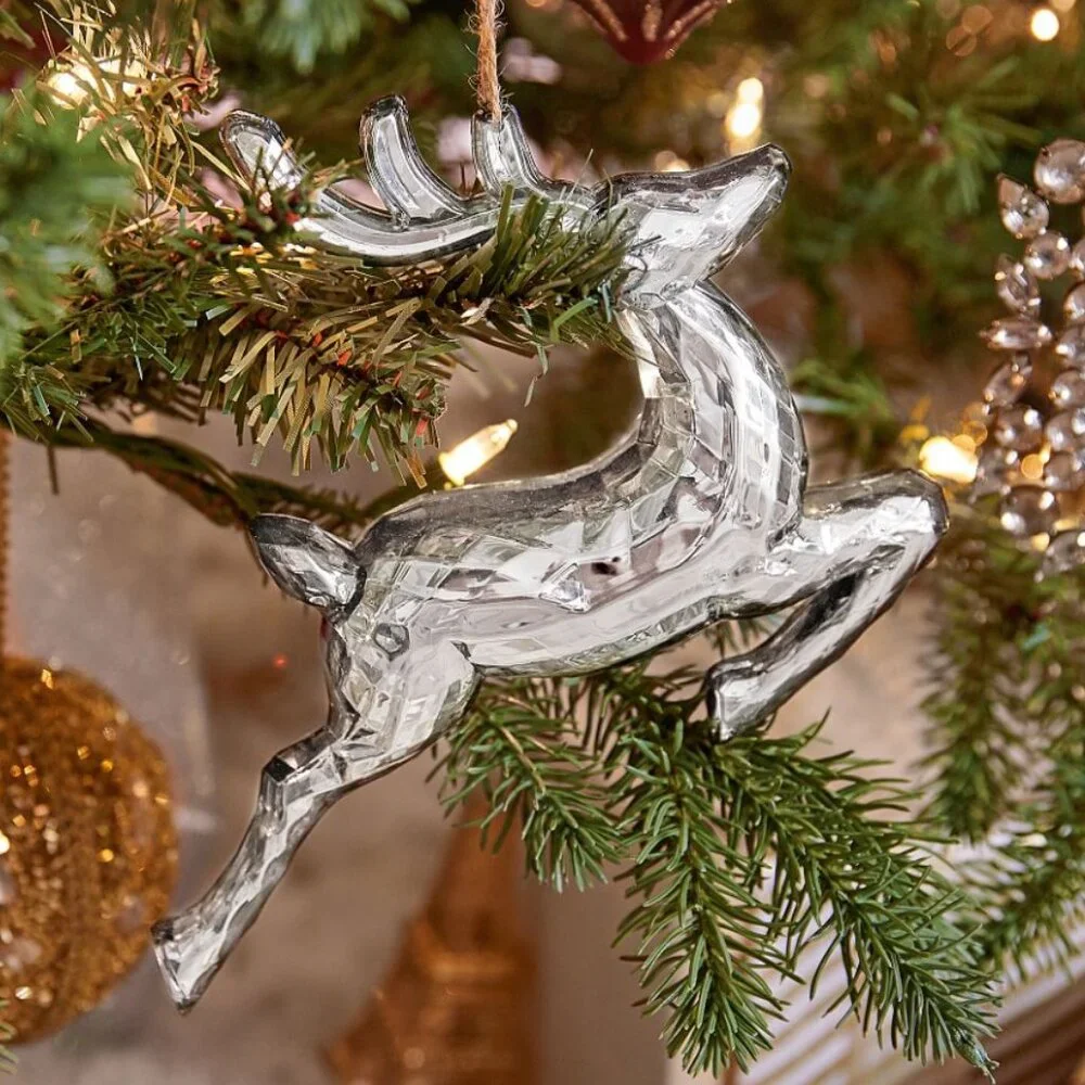 Pottery Barn Reindeer Ornament NEW Set of 2 Mirrored Christmas decor gift